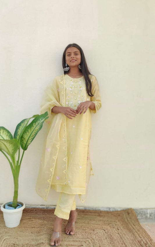 SALE: Pastel Yellow Mirror Embroidered Suit Set