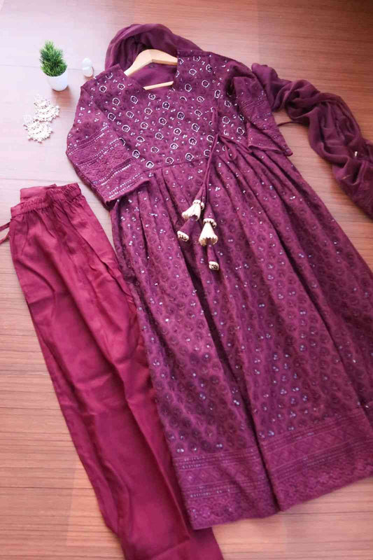 SALE: Sangeet Ready Wine Sequin Nyra Cut Suit Set