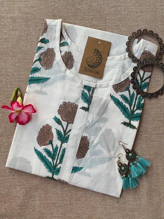 White Mughal Sea Green Boota Hand Block Printed Cotton Kurta