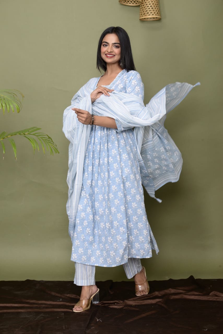 Soothing Sky Lilys Premium Cotton Suit Set