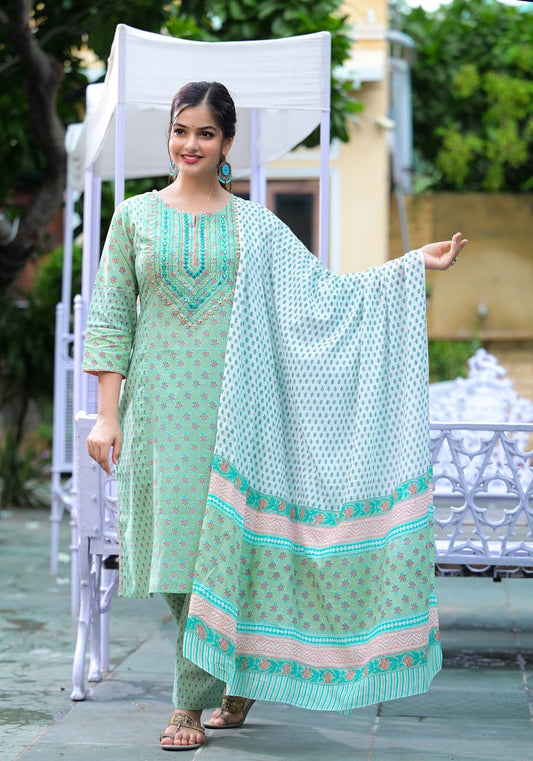 Sea Green Floral Cotton Suit: Comfort and Elegance Combined