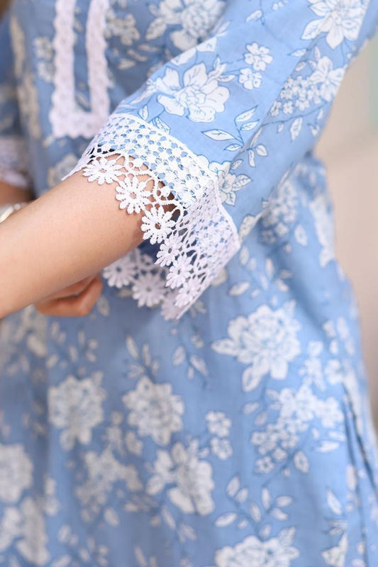 Azure Blossoms Cotton Sky Blue and White Floral Suit
