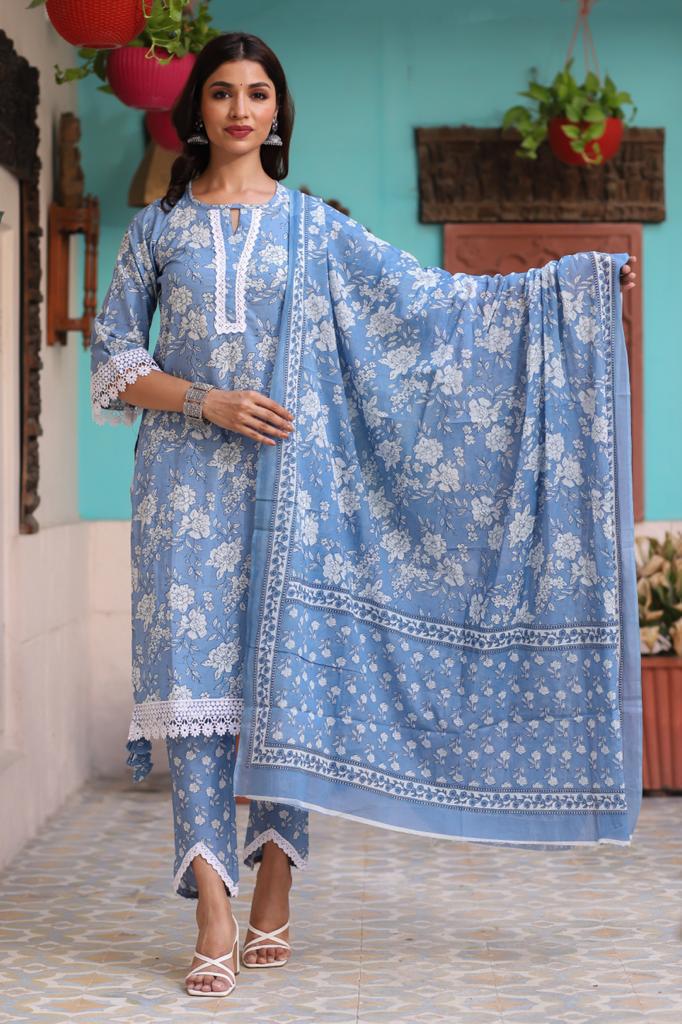 Azure Blossoms Cotton Sky Blue and White Floral Suit