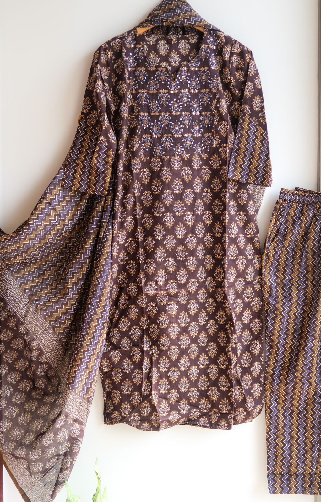 Coffee Cotton Mirror Work Suit Set