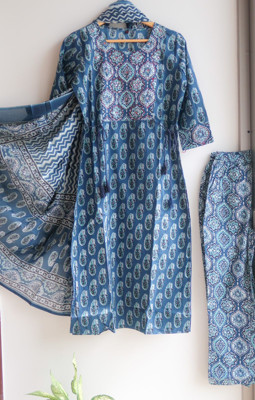 Marine Ocean Blue Mirror Work Cotton Suit Set