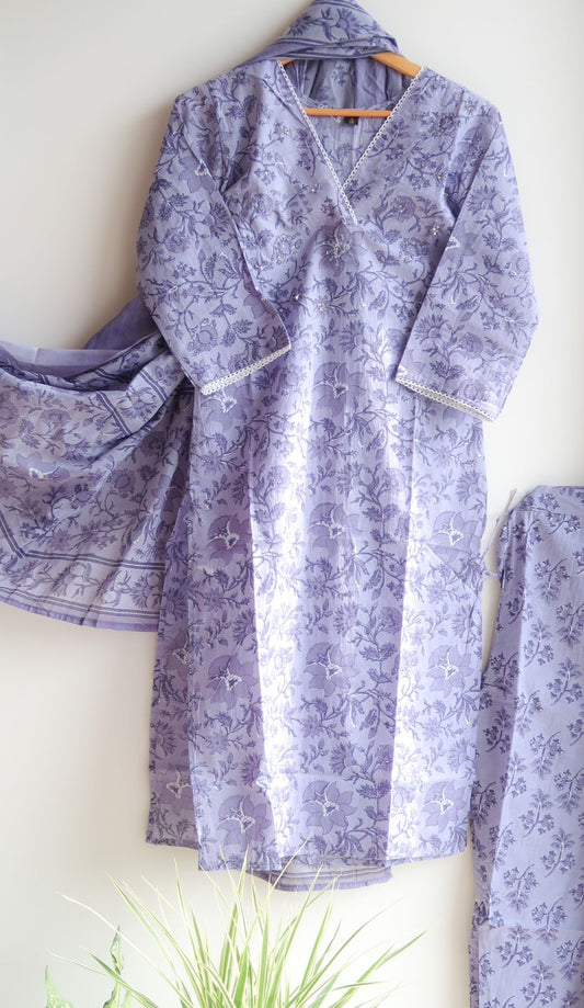 Pure Comfort : Alpine Violet Blue Hues Suit Set With Dupatta