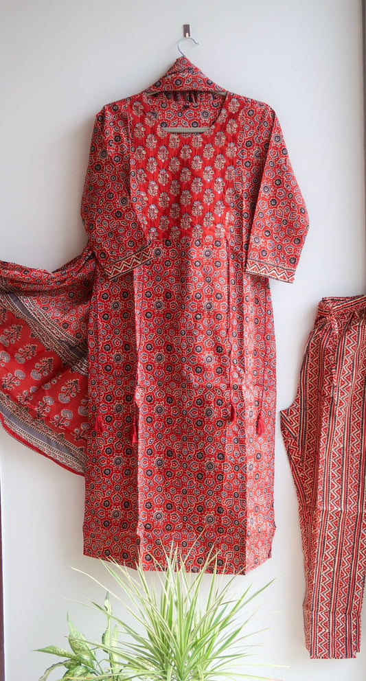 Red Cotton Mirror Work Suit Set with Ajrakh Print