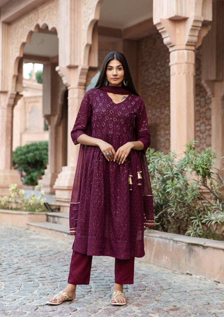 SALE: Sangeet Ready Wine Sequin Nyra Cut Suit Set