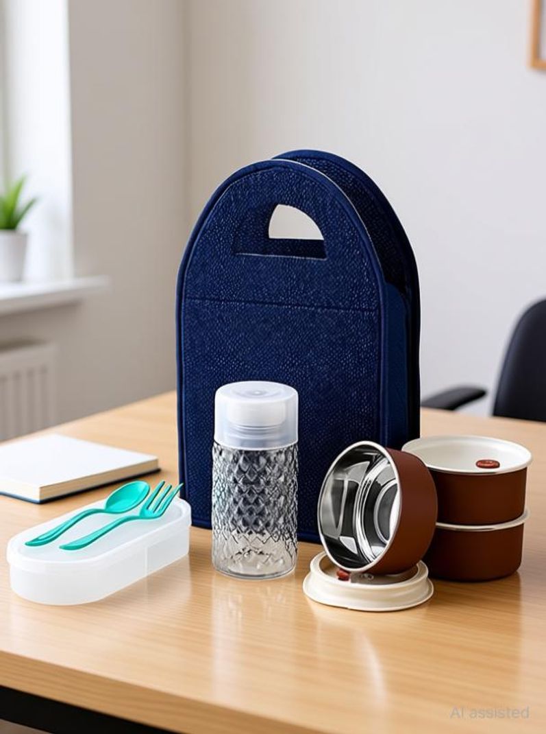 GLAMEXYMART Premium Stainless Steel Lunch Box-with Bag for,Student,Women,Men,Girls 5 Containers Stainless Steel, Plastic Office Lunch Box (1200 ml)