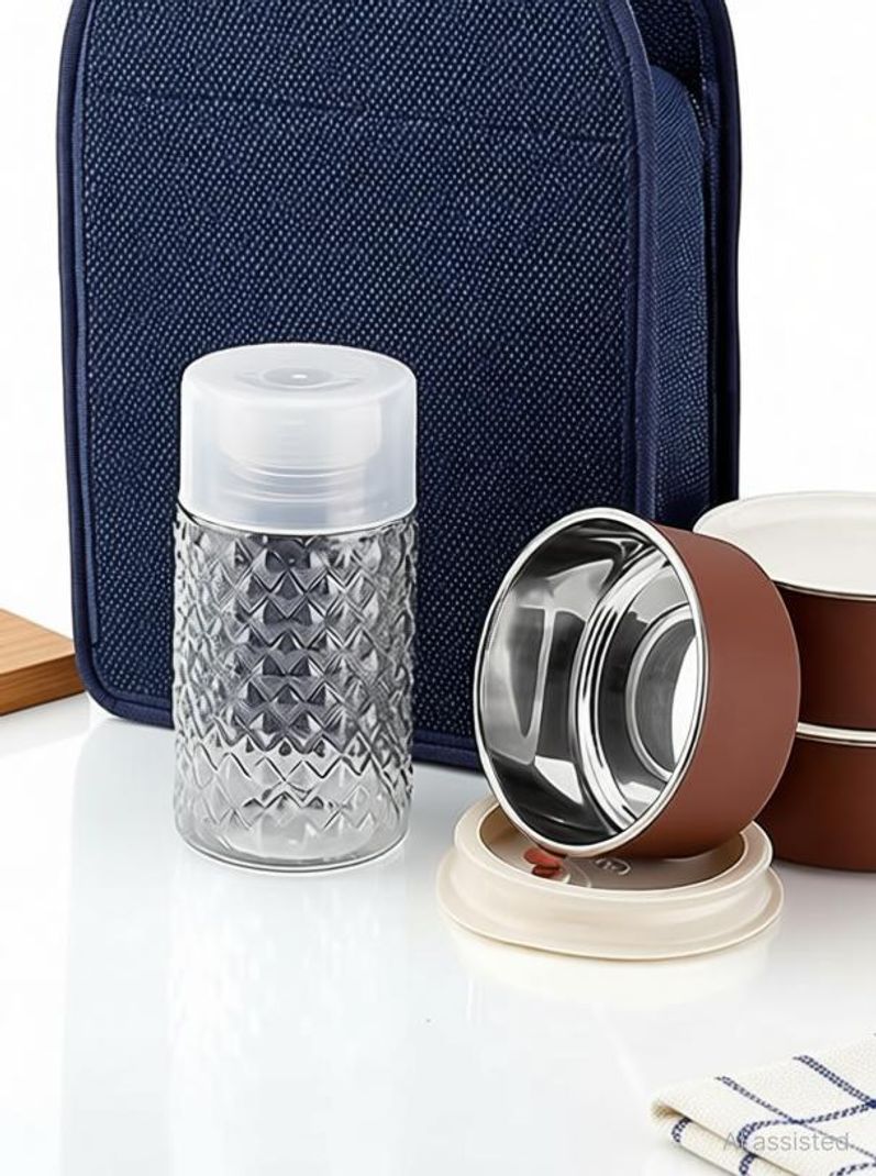 GLAMEXYMART Premium Stainless Steel Lunch Box-with Bag for,Student,Women,Men,Girls 5 Containers Stainless Steel, Plastic Office Lunch Box (1200 ml)