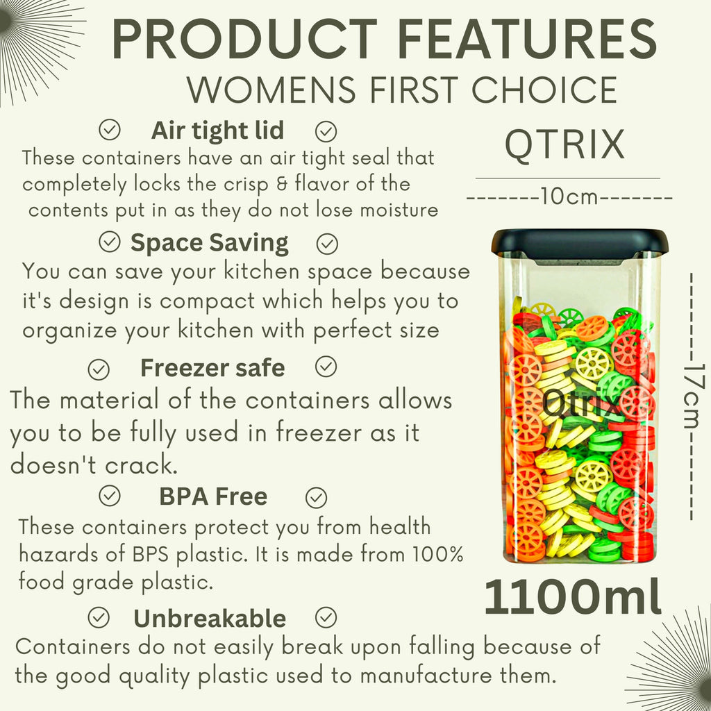 Womens 1st Choice Plastic Grocery Container  - 1100 ml, 500 ml (Pack of 12, Black)
