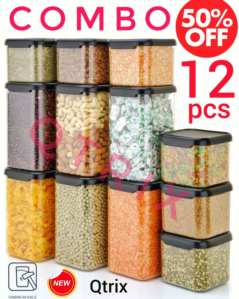 Womens 1st Choice Plastic Grocery Container  - 1100 ml, 500 ml (Pack of 12, Black)
