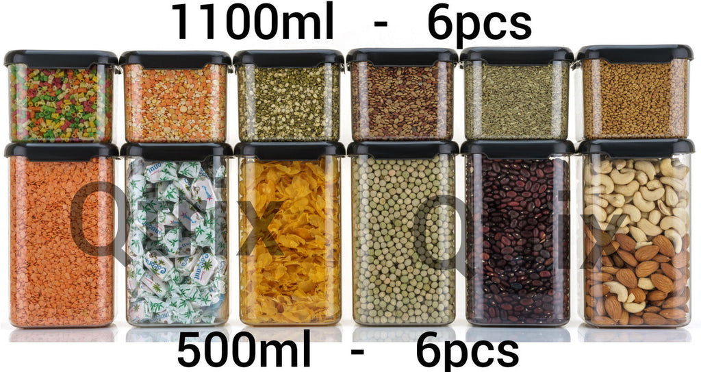 Womens 1st Choice Plastic Grocery Container  - 1100 ml, 500 ml (Pack of 12, Black)