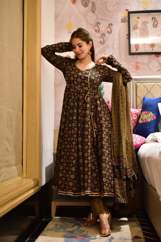 brown ajrakh angrakha suit set