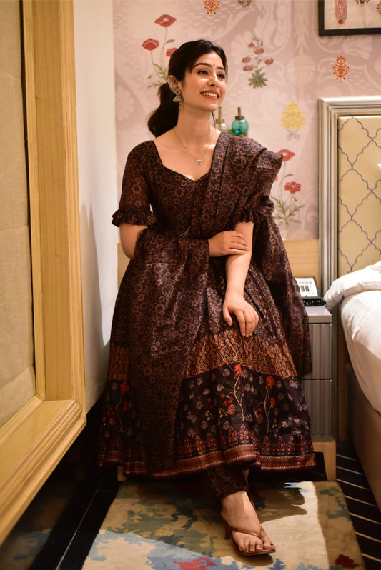 poornima brown chanderi suit set