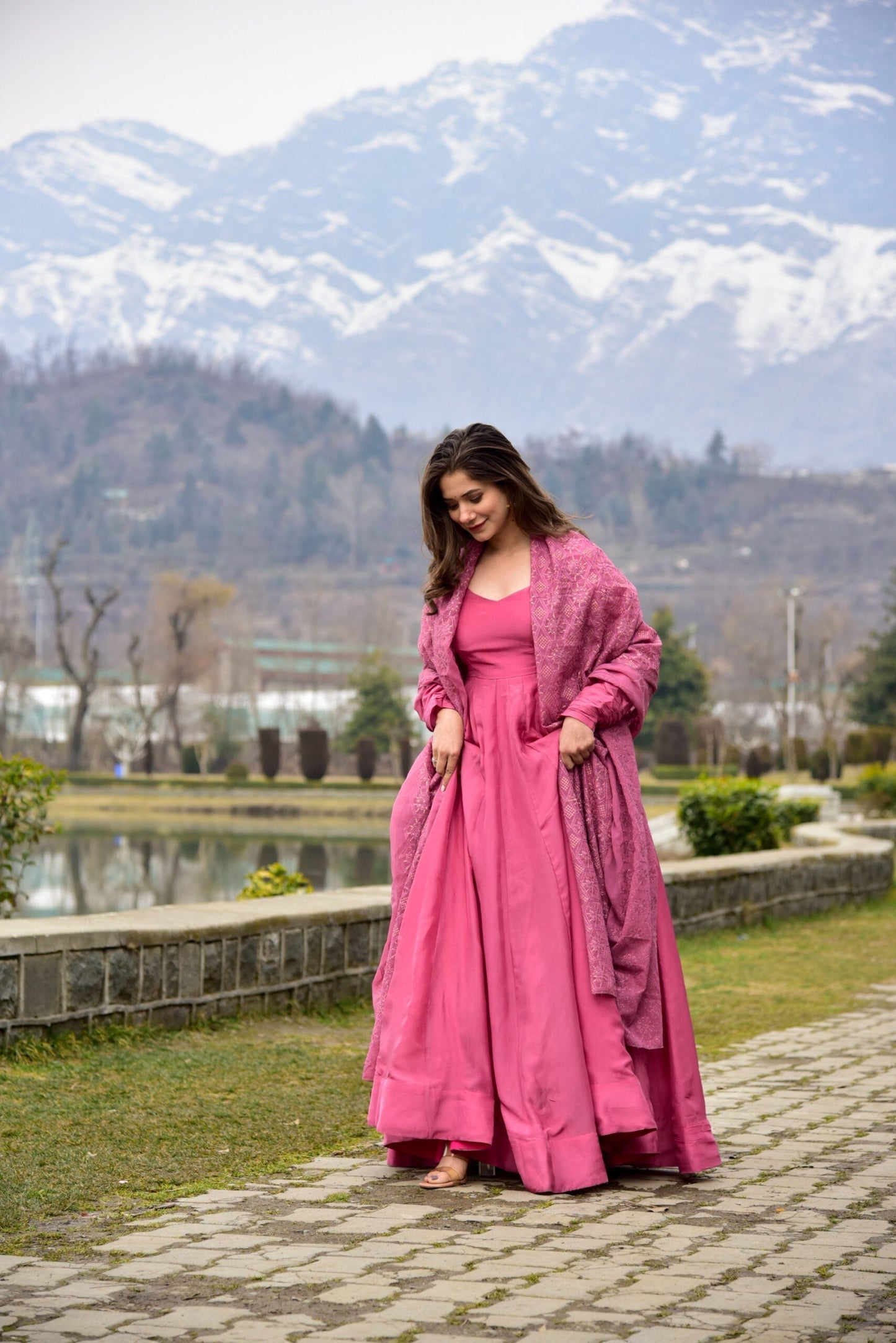 peachy pink silk maxi set