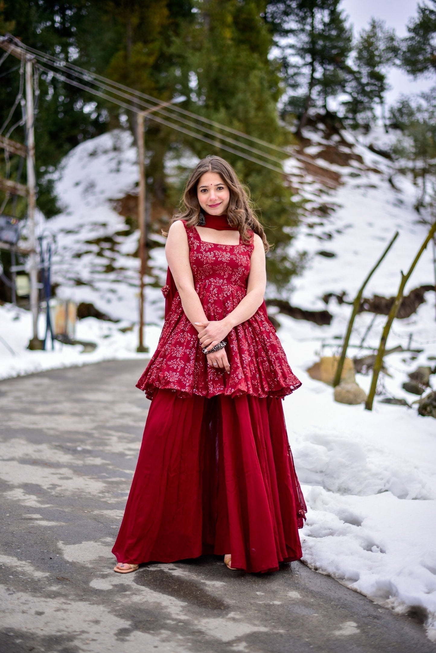 tanaz maroon georgette embroidered  kurta sharara set