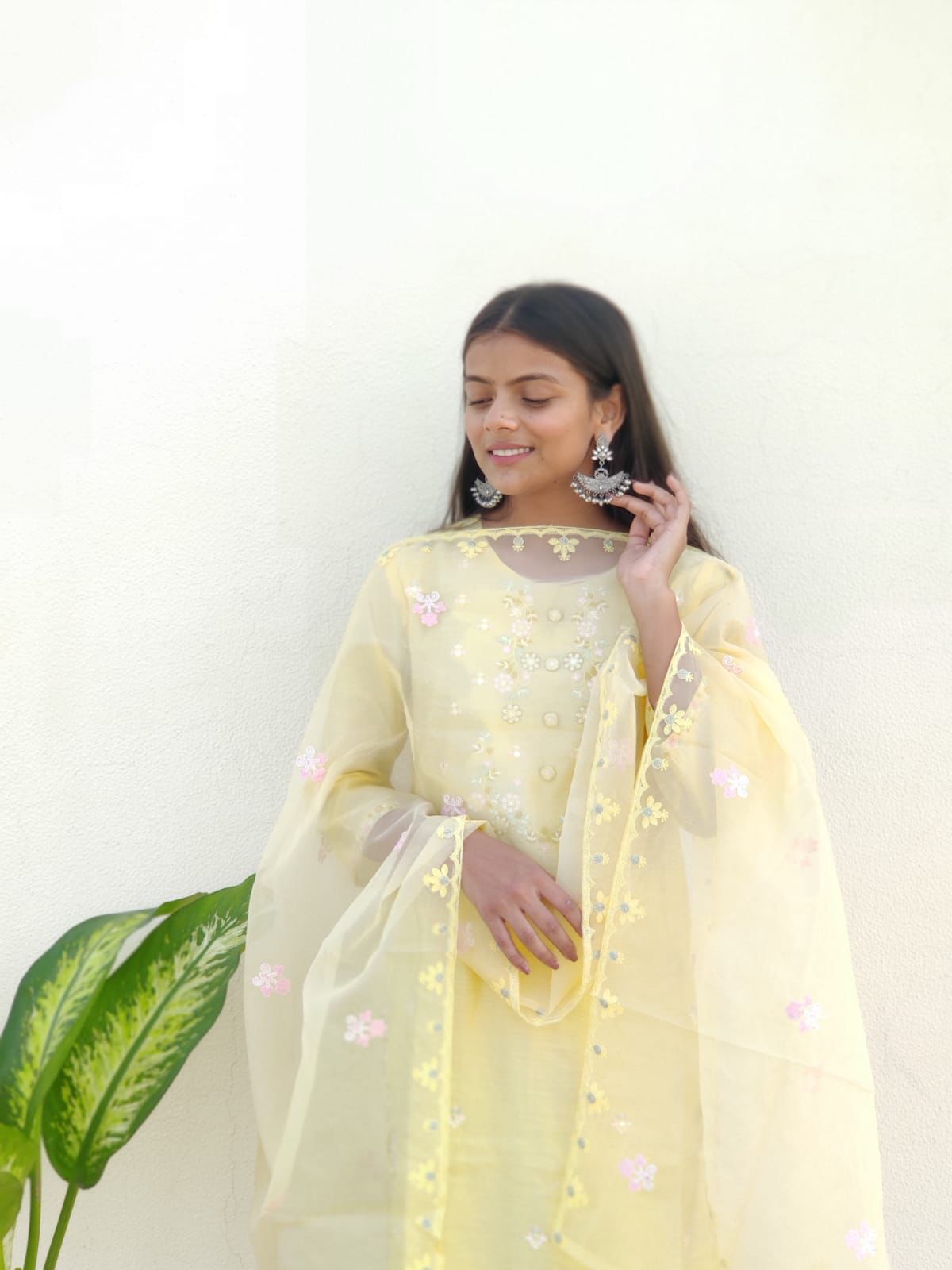 SALE: Pastel Yellow Mirror Embroidered Suit Set