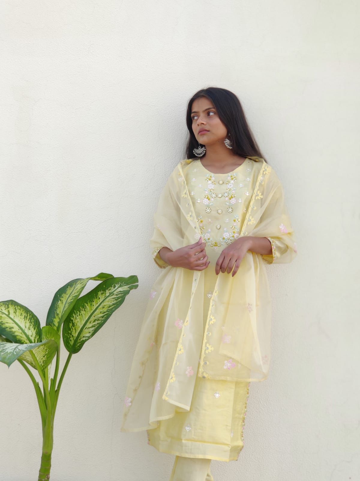 SALE: Pastel Yellow Mirror Embroidered Suit Set