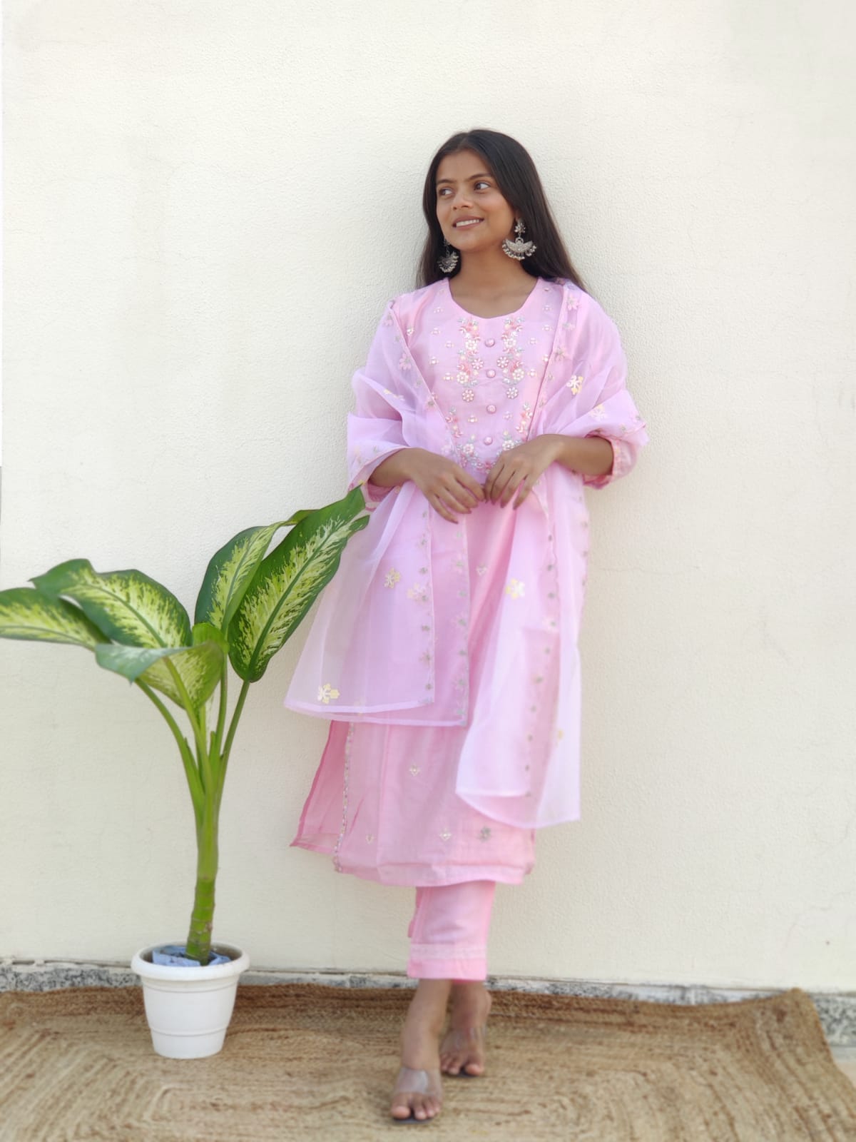 SALE: Pastel Pink Mirror Embroidered Suit Set