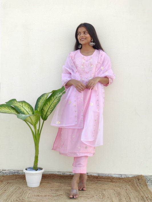 SALE: Pastel Pink Mirror Embroidered Suit Set