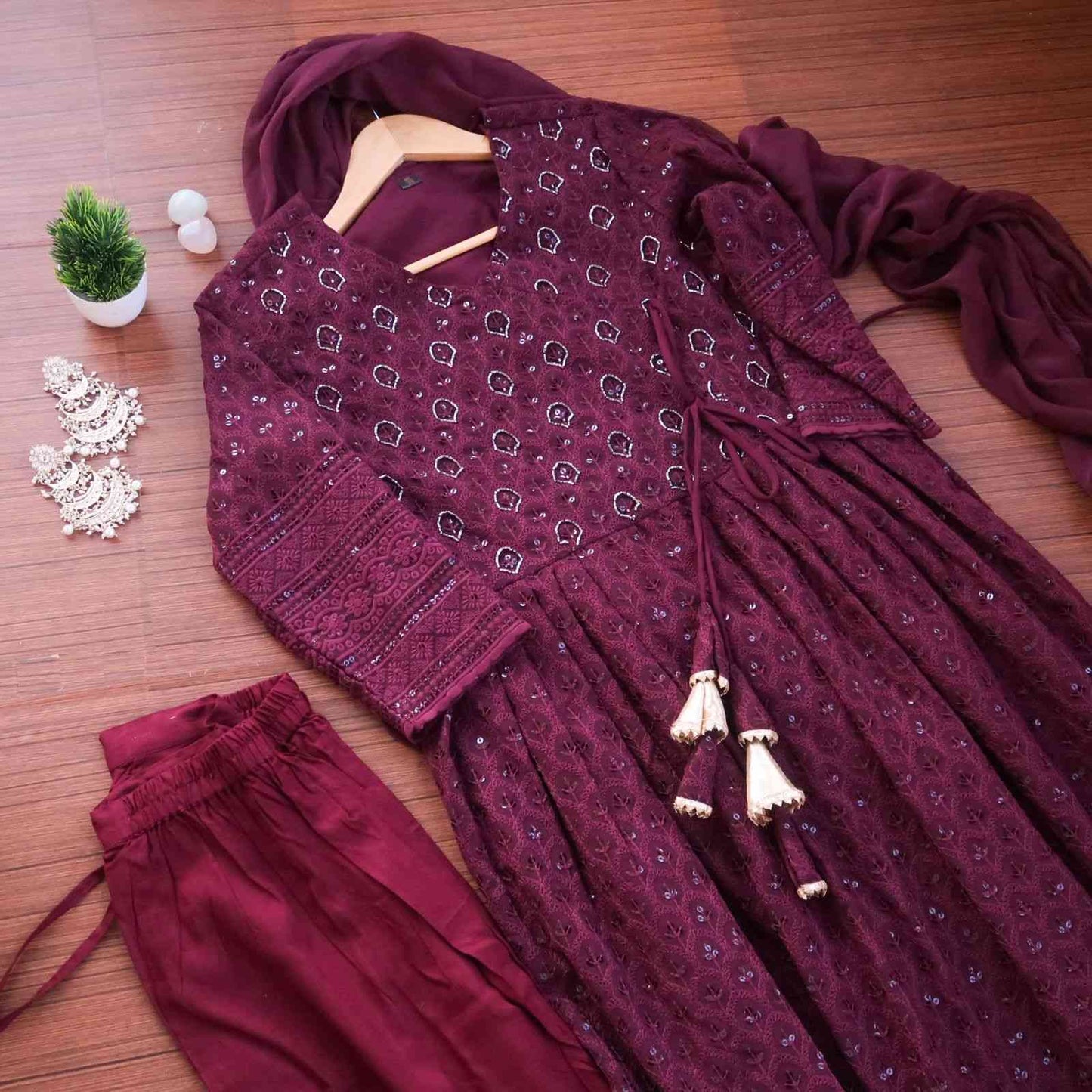 SALE: Sangeet Ready Wine Sequin Nyra Cut Suit Set