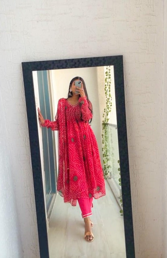 PINK BANDHEJ PRINT SALWAR SUIT