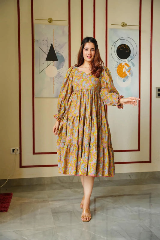 mustard paisley tiered dress