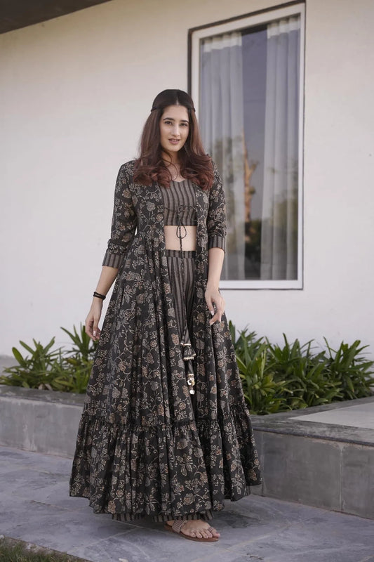 grey croptop palazzo with floral shrug set