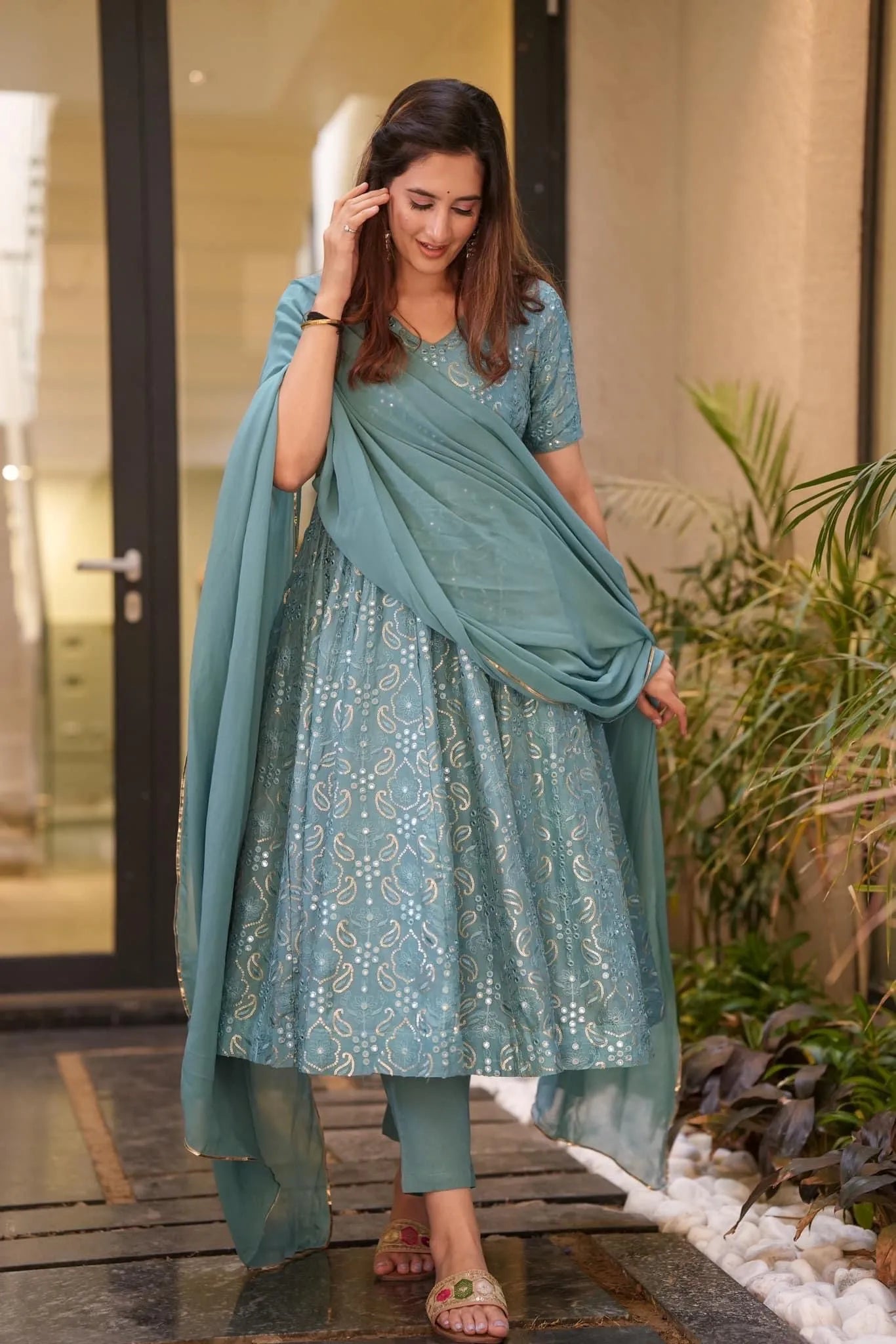 turquoise embroidered suit set
