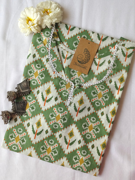 Green Pattern Cotton Kurta - XXL
