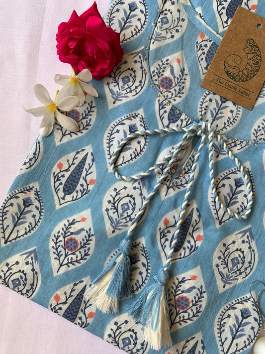 Powder Blue Hand Block Printed Cotton Kurta