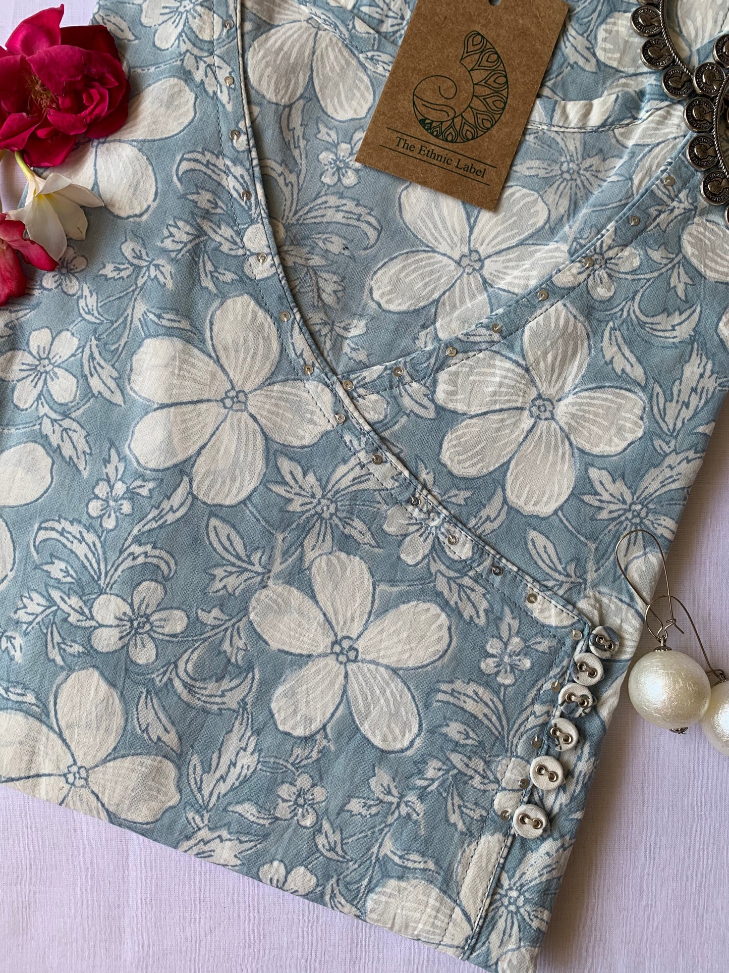 Grey "Lilly" Hand block printed Angrakha Cotton Kurta - Big Size