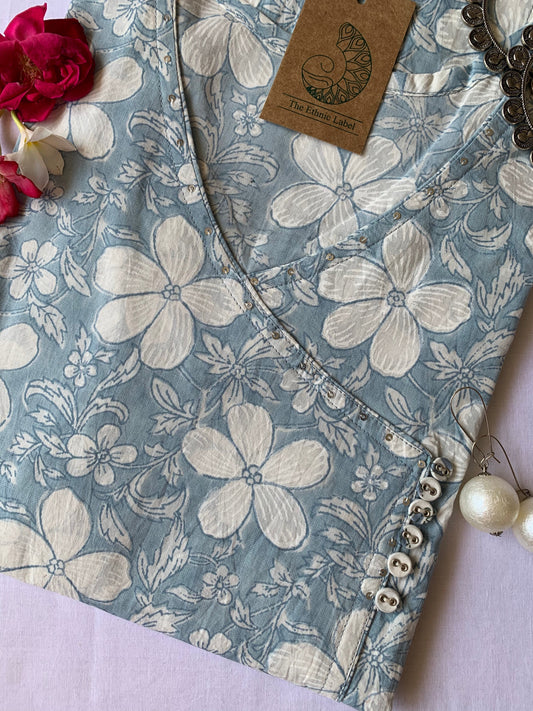 Grey "Lilly" Hand block printed Angrakha Cotton Kurta - Big Size