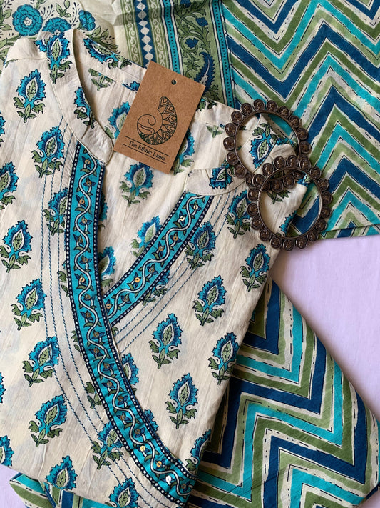 Firozi Boota Angrakha Cotton Kurta Set with dupatta - 3 pc
