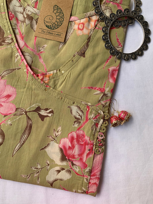 Green Pink Carnation Flora Angrakha Cotton Kurta