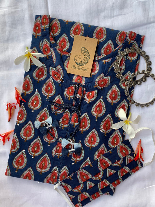 Hand Block Printed Blue-Red Cotton Kurta - XL