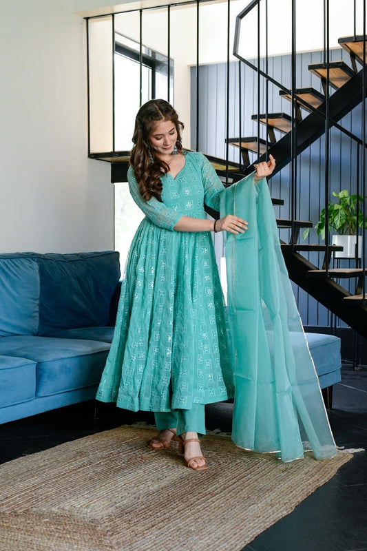 turqoiuse blue embroidered suit set