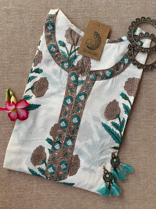 White Mughal Sea Green Boota Hand Block Printed Cotton Kurta