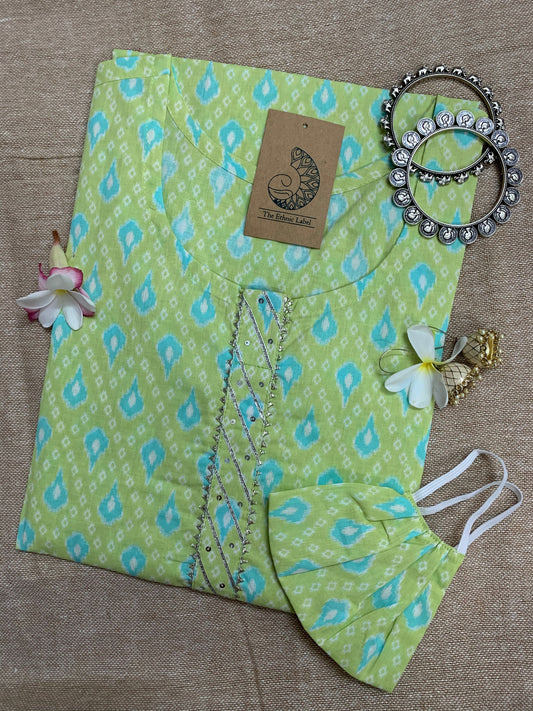 Hand Block Printed Green Blue Cotton Kurta