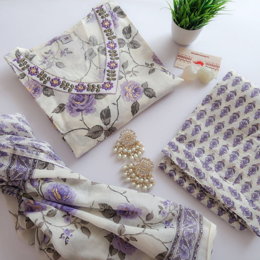 Luxurious Lavender Roses Cotton Suit (3 piece)