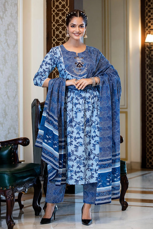 Comfortable Indigo Cotton Suit: Handcrafted Yoke Suit