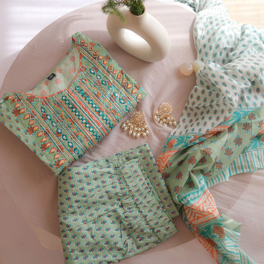 Sea Green Floral Cotton Suit: Comfort and Elegance Combined