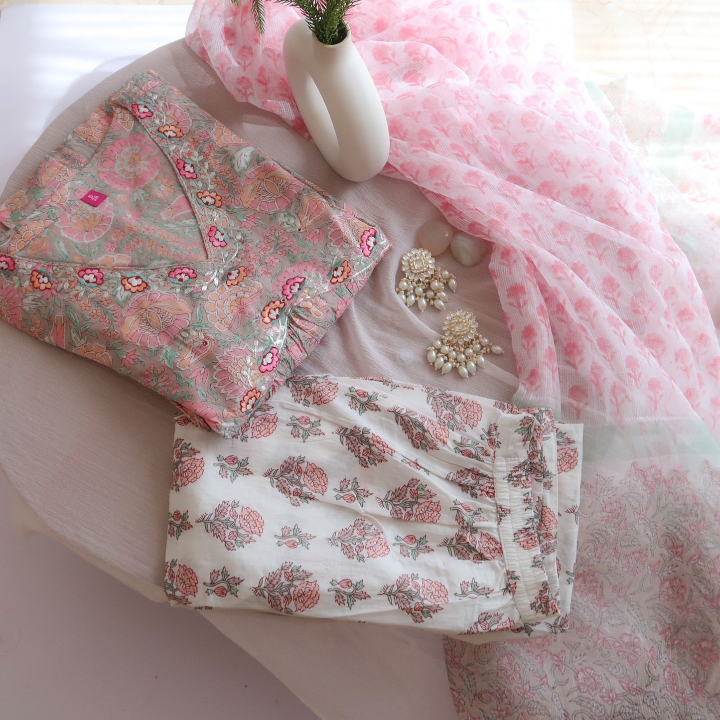 Elegant Floral Cotton Suit: Hand-Painted Dupatta Suit