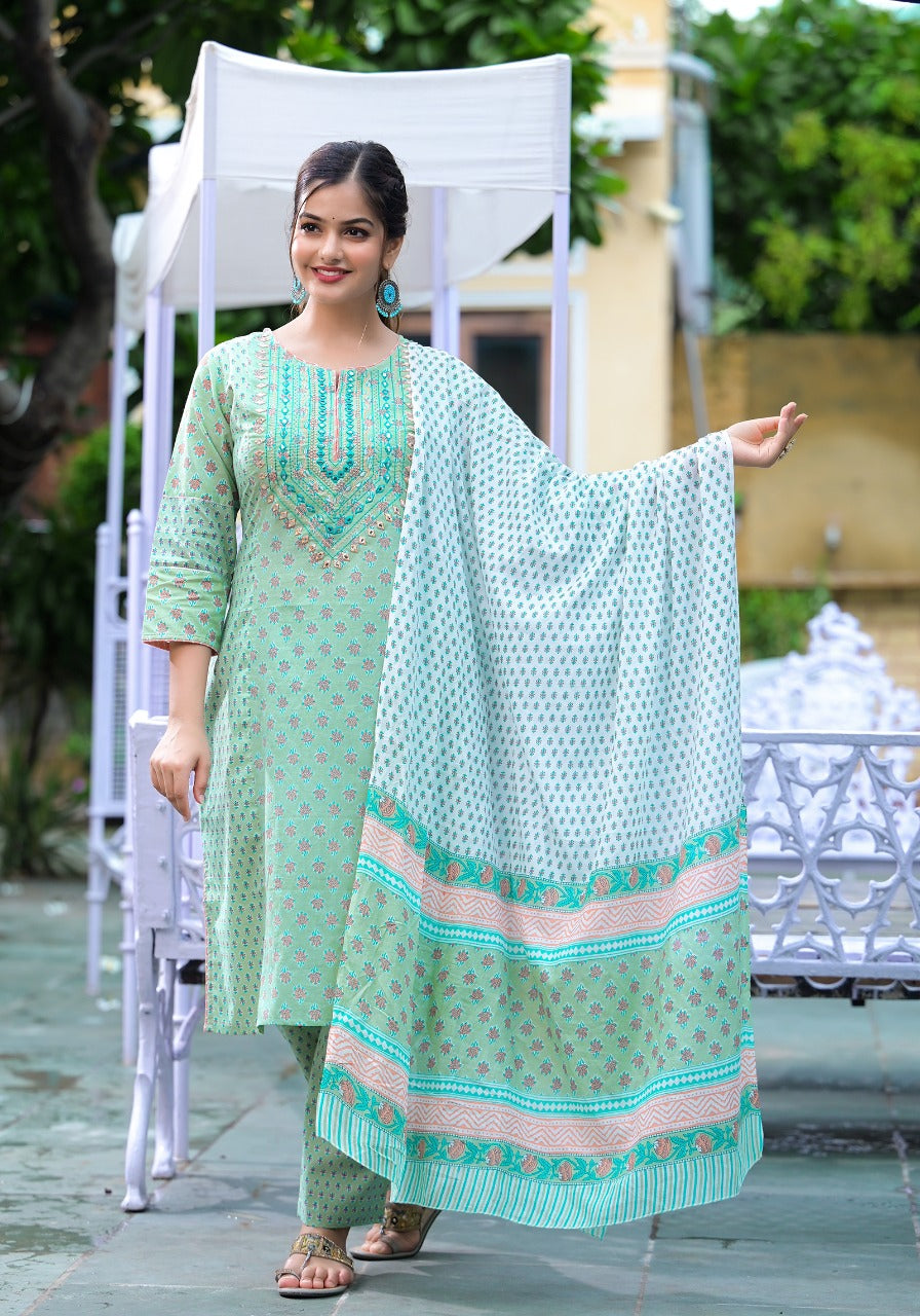 Sea Green Floral Cotton Suit: Comfort and Elegance Combined