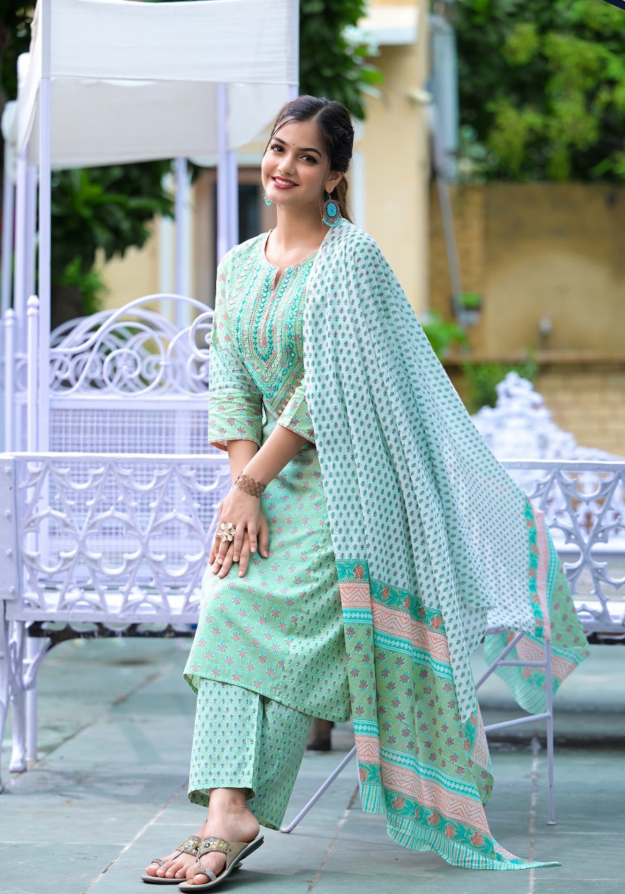 Sea Green Floral Cotton Suit: Comfort and Elegance Combined