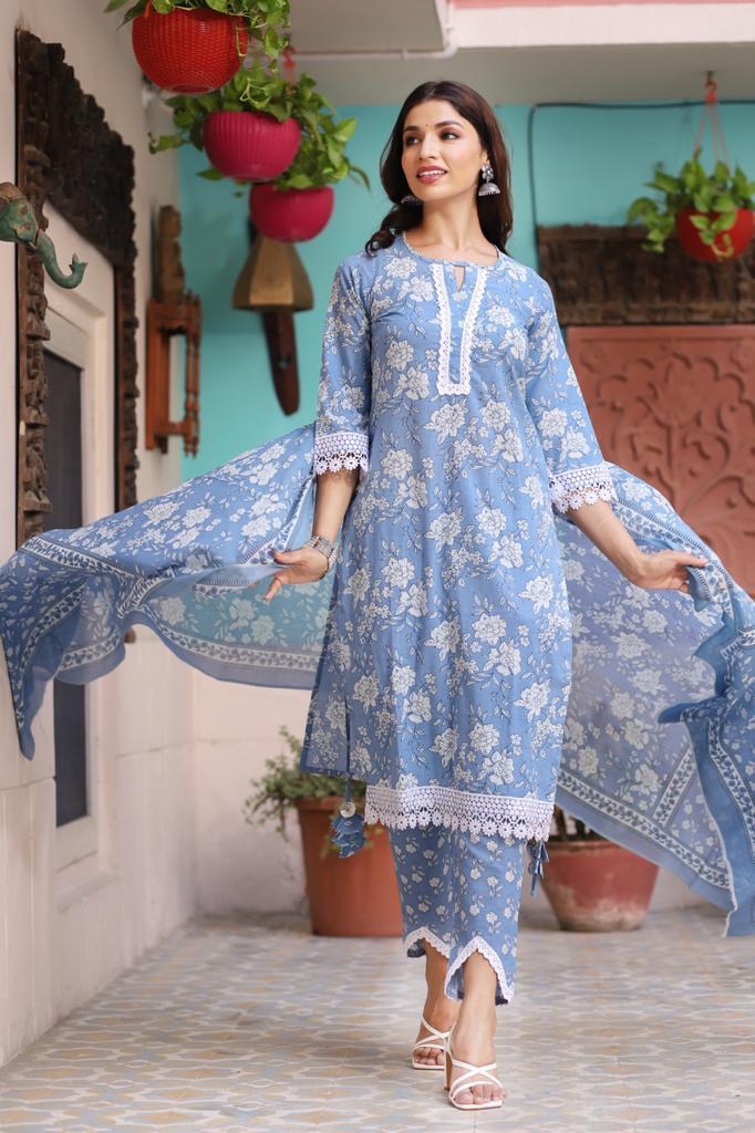 Azure Blossoms Cotton Sky Blue and White Floral Suit