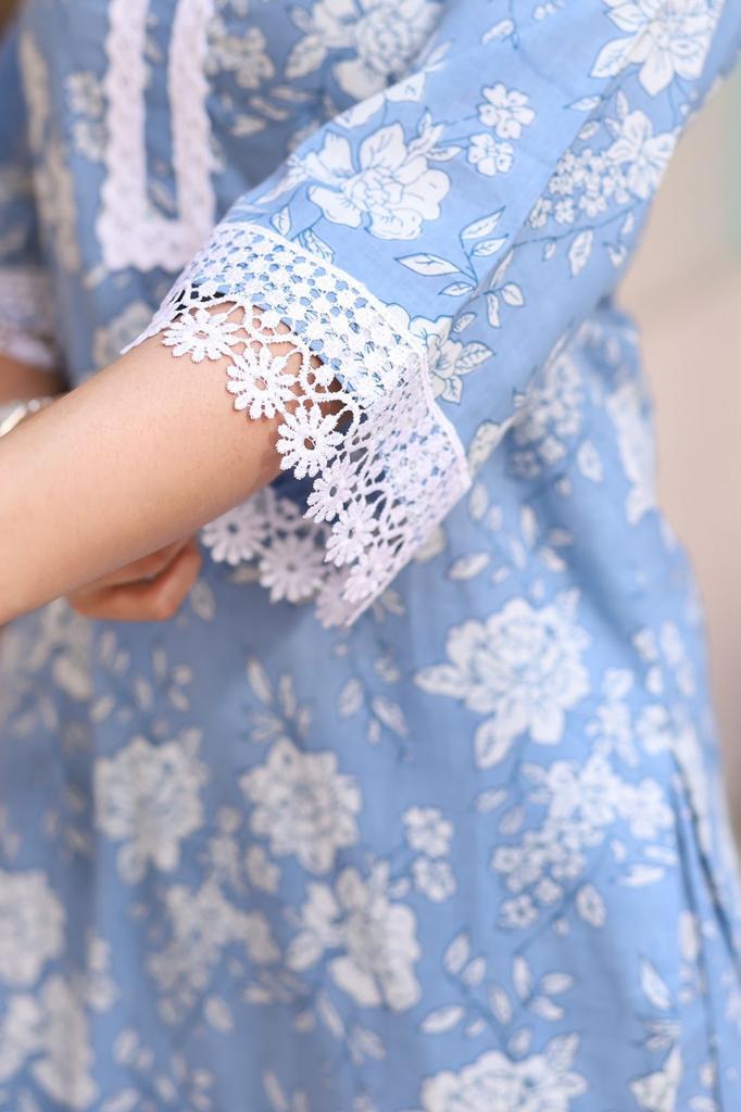 Azure Blossoms Cotton Sky Blue and White Floral Suit