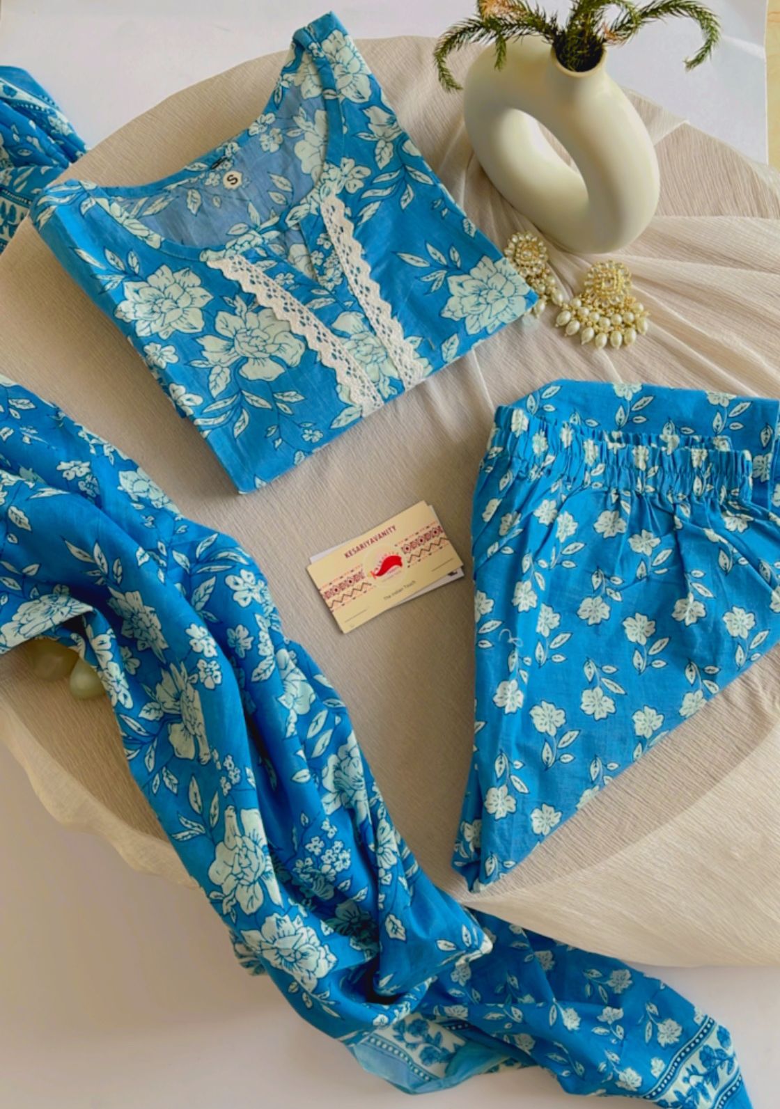 Azure Blossoms Cotton Sky Blue and White Floral Suit