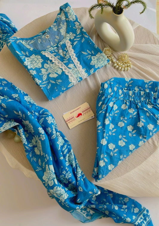 Azure Blossoms Cotton Sky Blue and White Floral Suit